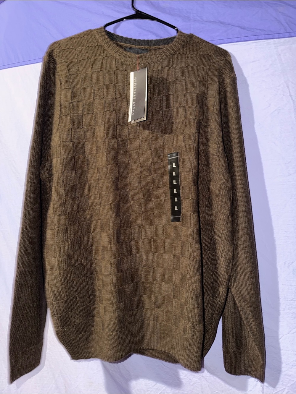 Geoffrey Beene Olive Brown Checker-Texture Crewneck Sweater